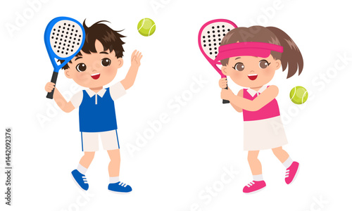 Cute boy and girl playing Padel sports