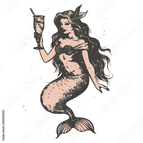 Black sketch mermaid lounging in cocktail glass, vintage logo, light pink background, old engraving, emblem art, trendy style, fantasy illustration, retro design, mermaid artwork