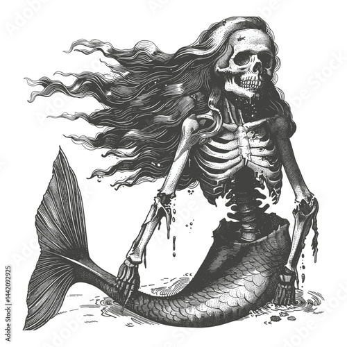 Vintage engraving, mermaid zombie, living dead art, black and white sketch, abstract artwork, old style tattoo, horror illustration, gothic mermaid, spooky fantasy artwork,