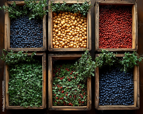 Six wooden crates filled with various berries and herbs