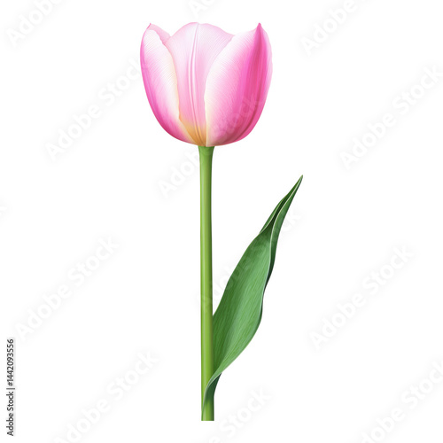 Beautiful Pink Tulip with Green Stem and Leaf Isolated on White Isolated on transparent background