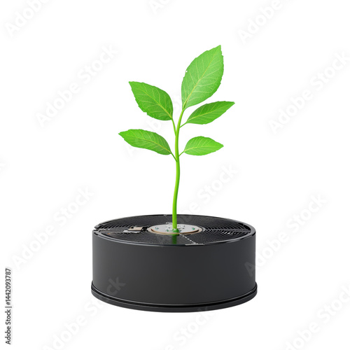 Green Plant Growing from a Black Circular Base with Fan Design Isolated on transparent background