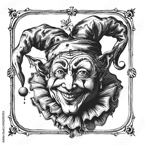 Medieval jester face, vintage style engraving, black and white line art, logo, emblem, isolated woodcut, trendy sketch, historical artwork, hand-drawn vintage design