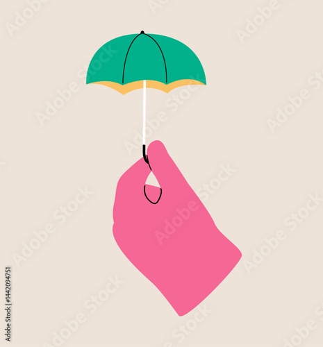 Hand holding umbrella. Colorful vector illustration