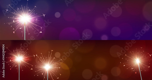 Realistic sparkling bengal lights, sparkler vector background, glowing bang on the stick, bursting firework explosion