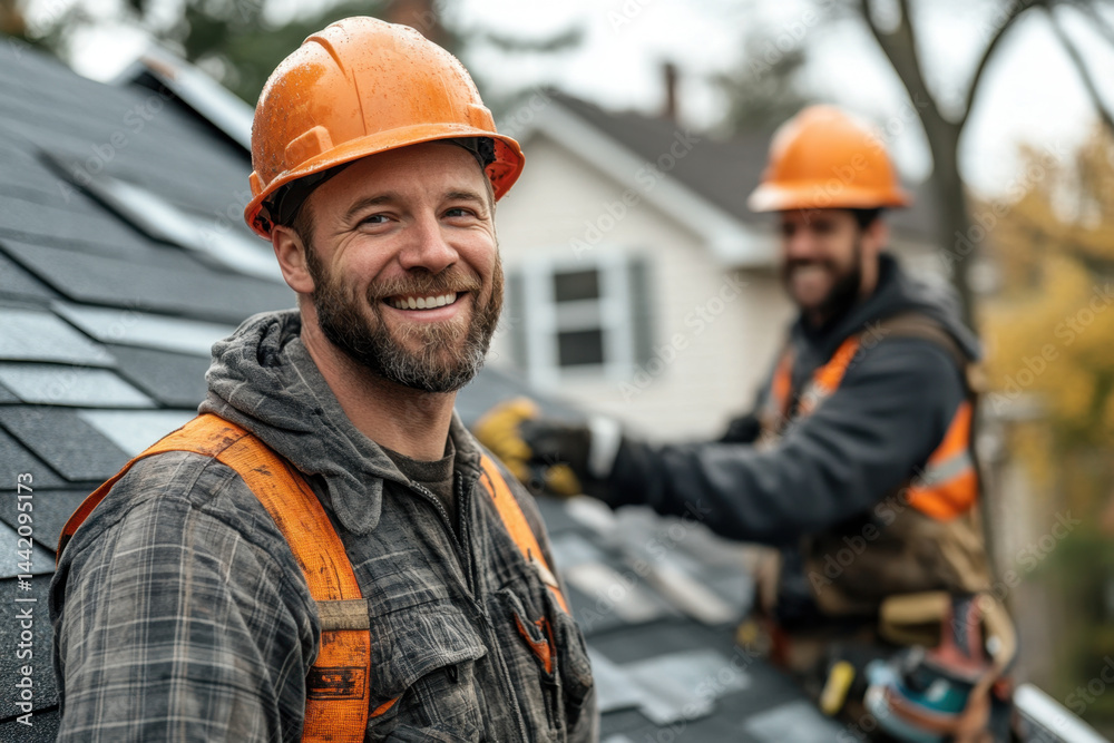 A man in a hard hat and orange safety vest smiles, standing on a roof. A man in a hard hat and orange safety vest smiles, standing on a roof.