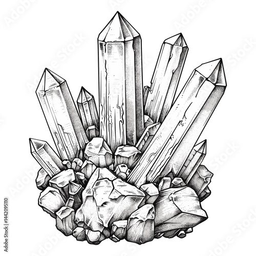 Vintage engraving of magic crystal mineral stone, isolated object, black and white vector sketch, old style illustration, trendy print, antique gemstone drawing, hand drawn mystical stone