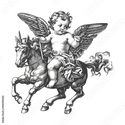 Little baby angel cherub riding horse, old vintage engraving illustration, hand drawn graphic, black and white sketch, isolated object, retro logo, emblem, classic art, antique design