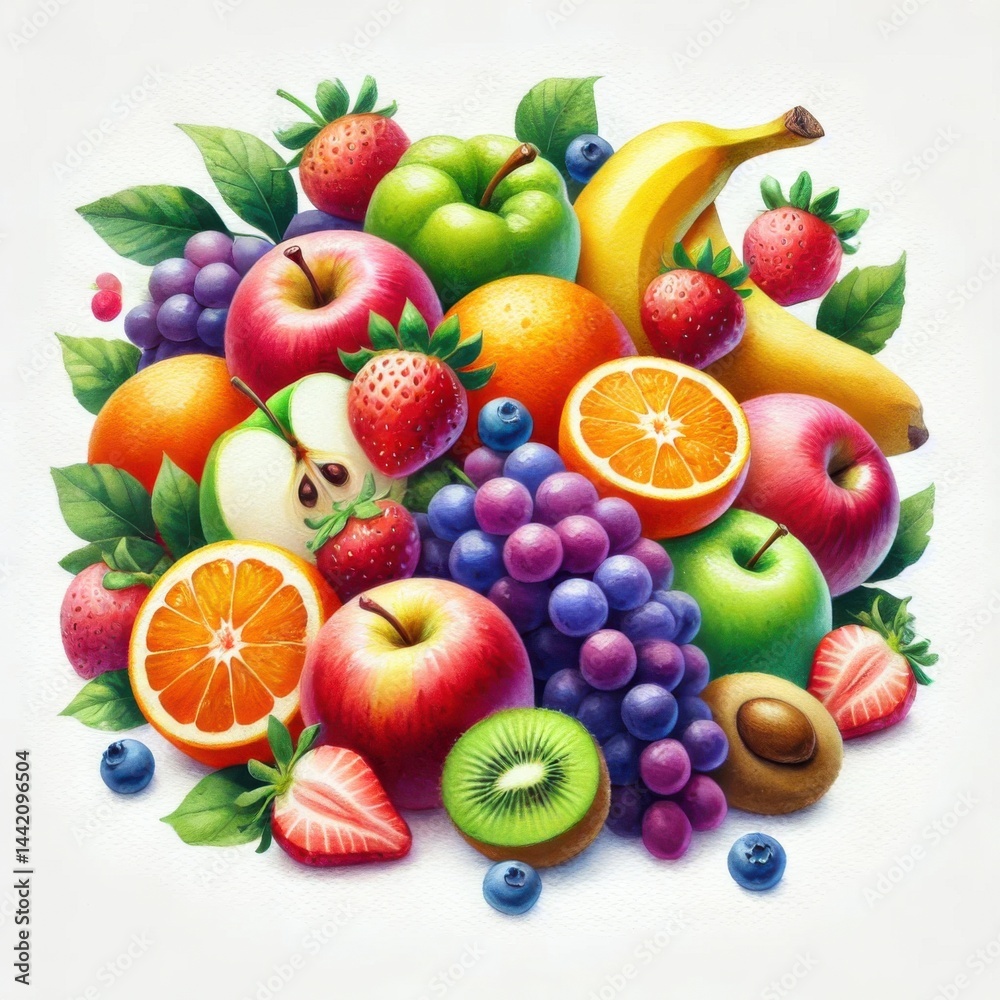custom made wallpaper toronto digitalAssorted fruits. Watercolor illustration on white background.