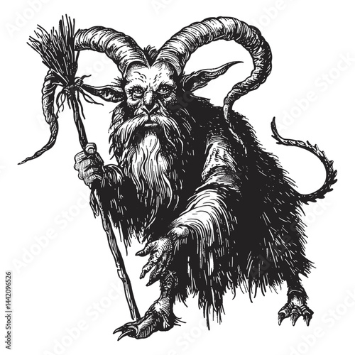 Portrait of Krampus head, scary horned creature, hand drawn vintage black sketch, old engraving style, vector emblem, logo, isolated object, creepy folklore demon art,