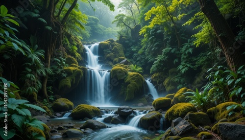 A tranquil waterfall cascading over moss-covered rocks in a lush remote rainforest with mist and sunlight filtering through the canopy Generative AI