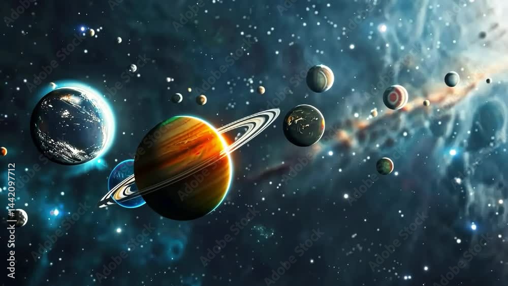 A cosmic display of planets aligned in space with stars A cosmic display of planets aligned in space with stars