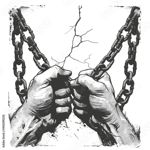 Black engraving illustration, vintage hands breaking chains, tattoo style sketch, emblem isolated, old sketch, trendy art, retro style, liberation concept, strength and power