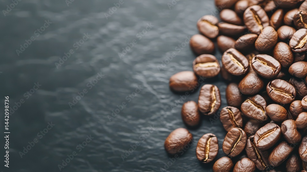 Coffee Beans on Black Surface: A close-up shot showcases a pile of rich, roasted coffee beans artfully arranged against a sleek, black background, the perfect image for a coffee shop, café.