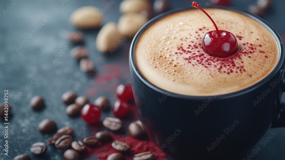 Cherry Coffee: Indulgent cappuccino topped with a glistening cherry and cocoa powder, surrounded by coffee beans and cherries.