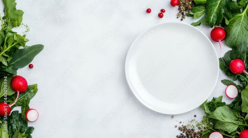 Fresh Start: A vibrant composition features a pristine, empty plate surrounded by fresh ingredients, symbolizing the beginning of a healthy meal or a culinary creation.
