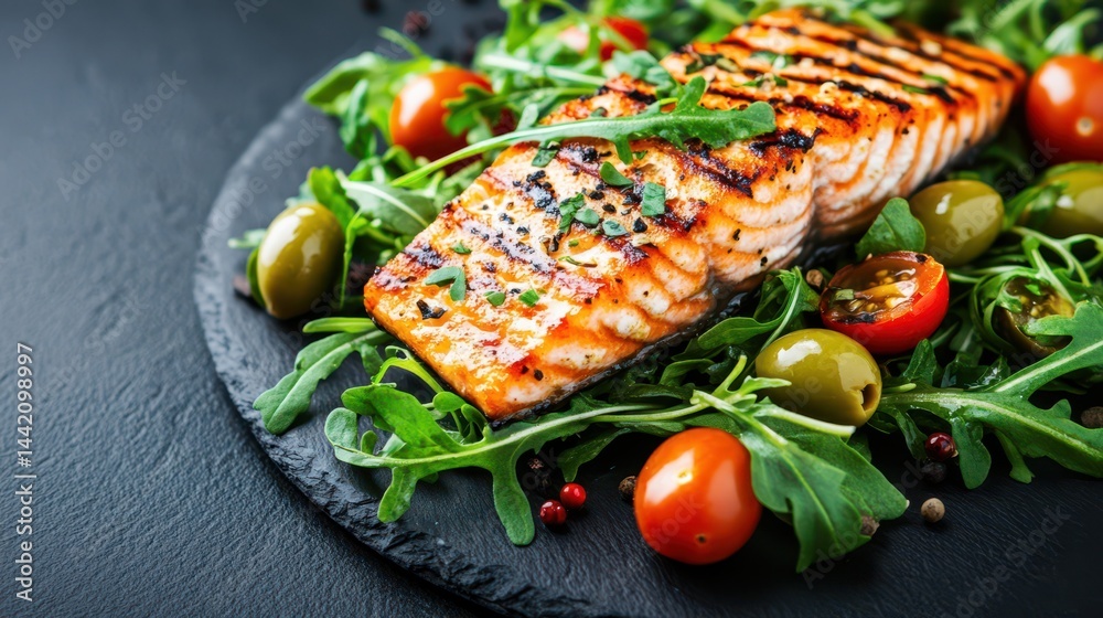 Grilled Salmon Delight: A culinary masterpiece features a perfectly grilled salmon fillet, artfully presented with fresh arugula, ripe tomatoes, and green olives.
