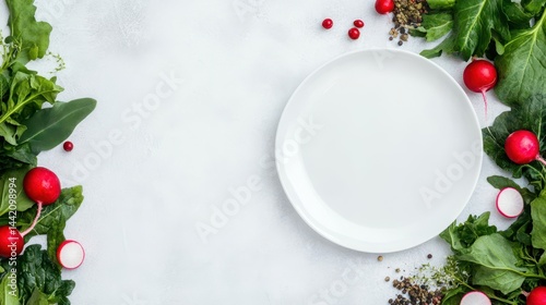 Obraz na płótnie Fresh Start: A vibrant composition features a pristine, empty plate surrounded by fresh ingredients, symbolizing the beginning of a healthy meal or a culinary creation. w salonie