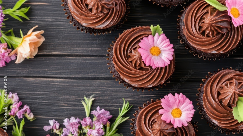 Chocolate Cupcake Delight: Exquisite, meticulously decorated chocolate cupcakes, adorned with vibrant flowers, present a feast for the eyes, nestled on a rustic wooden surface.