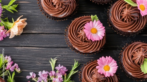 Chocolate Cupcake Delight: Exquisite, meticulously decorated chocolate cupcakes, adorned with vibrant flowers, present a feast for the eyes, nestled on a rustic wooden surface.