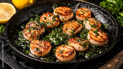 Delicious Grilled Scallops with Herb Butter Sauce in Cast Iron Pan