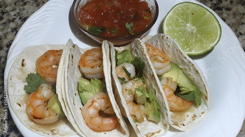 Delicious Shrimp Tacos with Avocado Salsa and Lime