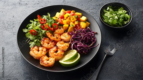 Delicious Grilled Shrimp with Mango Salsa Red Cabbage and Cilantro Salad