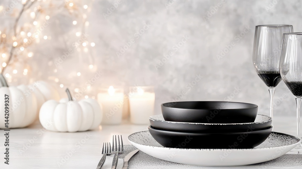 Elegant Dinner Setup: A sophisticated tablescape showcases a monochrome theme with pristine plates, chic glasses, and soft candlelight. Evoking an atmosphere of refined dining and graceful charm.