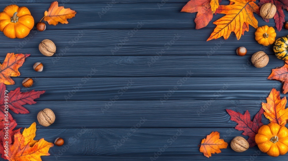 Autumnal Rustic Decor: A charming flat lay composition showcasing the warm hues of autumn, with pumpkins, nuts, and colorful leaves artfully arranged on a rustic wooden surface.