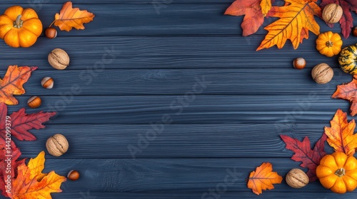 Obraz na płótnie Autumnal Rustic Decor: A charming flat lay composition showcasing the warm hues of autumn, with pumpkins, nuts, and colorful leaves artfully arranged on a rustic wooden surface. w salonie