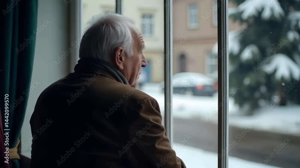 Cold lonely desperate elderly man unable to afford heating wrapped in warm clothing and a coat inside