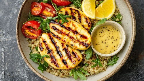 Grilled Halloumi Quinoa Salad Bowl with Lemon Vinaigrette and Tomatoes
