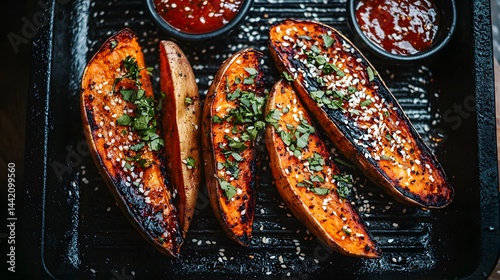 Grilled Sweet Potato Wedges with Sesame Seeds and Cilantro Delicious Food Photography