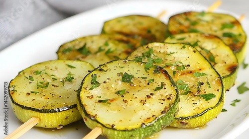 Delicious Grilled Zucchini Skewers with Herbs and Spices Close Up Food Photography