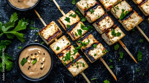 Grilled Tofu Skewers with Peanut Sauce Delicious Vegan Food Photography