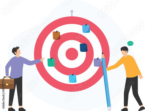 Two businessmen collaborating on strategic planning, utilizing a large pencil and sticky notes to outline their approach on a big target board, aiming for success and growth

