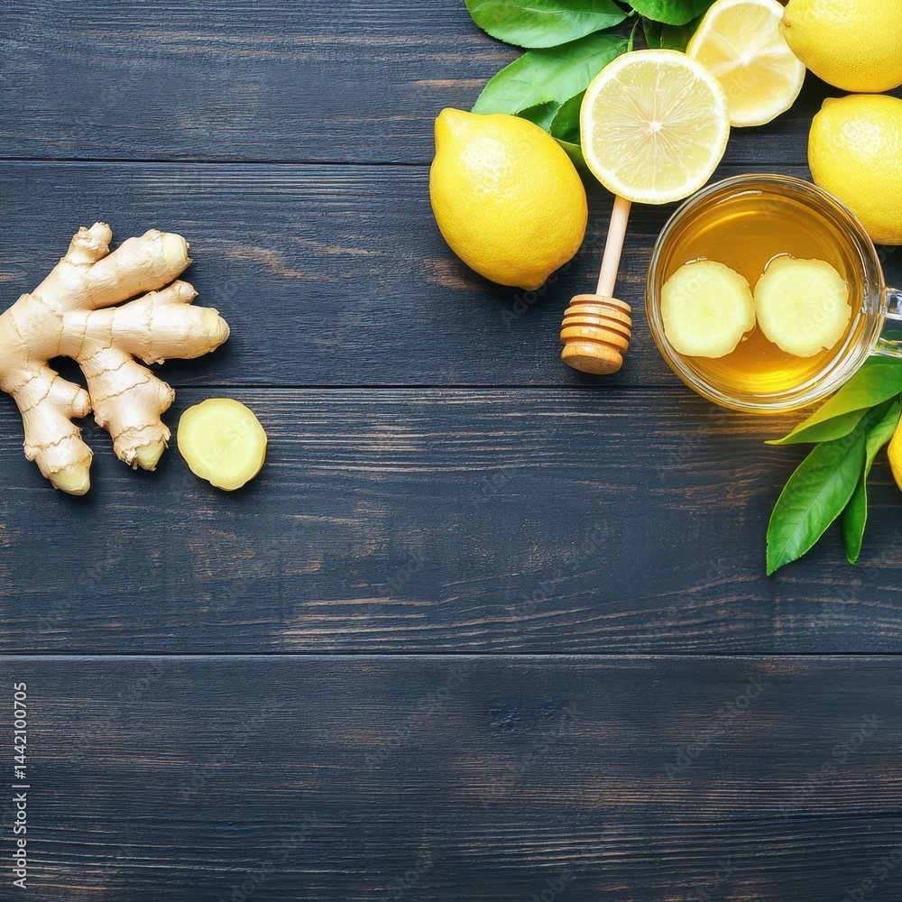 Zesty Remedy: A revitalizing composition of zesty lemons, aromatic ginger, and golden honey, artfully arranged on a rustic dark wood surface.