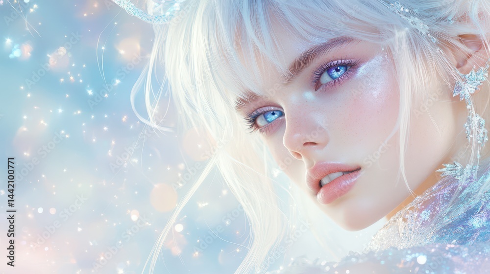 Winter Fairy Portrait: A captivating portrait of a ethereal woman with white hair and blue eyes, against a shimmering backdrop of blue and white, evokes a sense of wonder and enchantment.