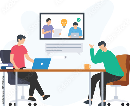 Colleagues are using video call for a remote meeting and brainstorming new ideas, finding solutions, discussing projects and sharing information

