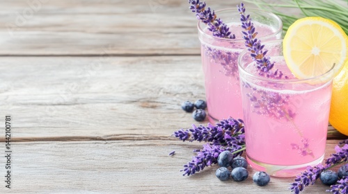 Obraz na płótnie Lavender Lemonade Bliss: Two refreshing glasses of lavender-infused lemonade, garnished with sprigs of fresh lavender, a lemon slice, and blueberries, rest invitingly on a rustic wooden surface. w salonie