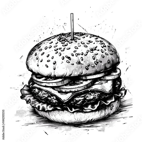 Vintage black and white sketch of a hamburger, grunge brush texture, old engraving style, artistic hand drawn burger, rustic food illustration, street food art, retro fast food