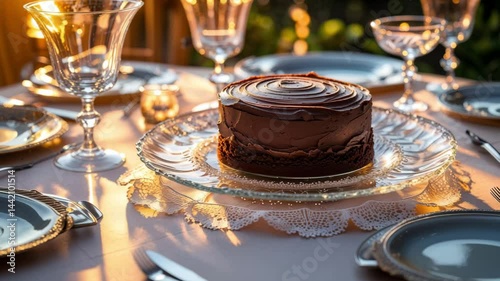 Chocolate birthday cake on an elegant table setting  