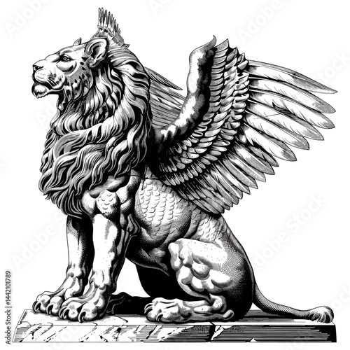 Greek mythology sphinx, eagle wings, lion body, old vintage sketch, trendy engraving icon, antique mythological design, classic creature wall art