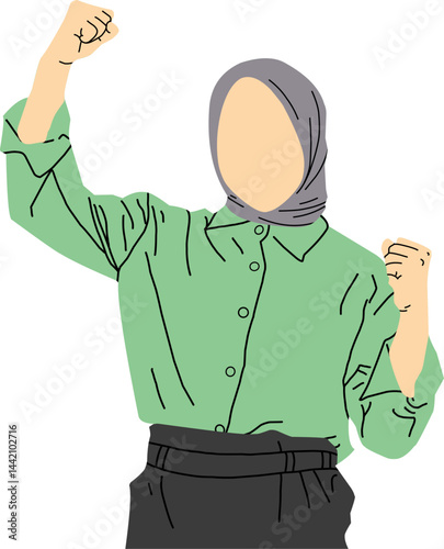 minimalist illustration of a girl wearing a hijab raising her hand