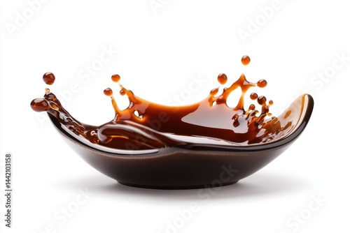 Close up of a bowl with a splash of dark liquid against a white background in studio lighting