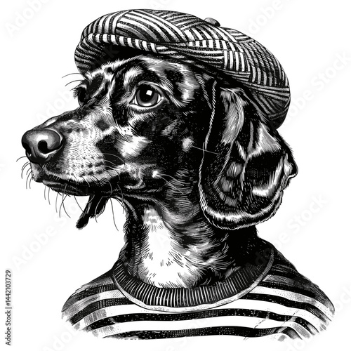 Vintage French dachshund in a beret, striped T-shirt, old engraving, black sketch, logo, emblem, trendy, engraving style, vintage illustration, retro art, stylish dachshund, French fashion.