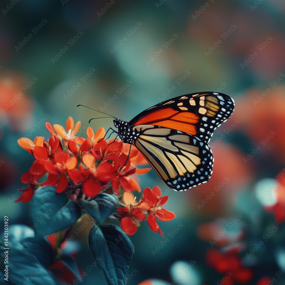 Fototapeta premium Monarch butterfly gracefully perched on vibrant orange flower, displaying intricate patterns of its wings against green foliage.