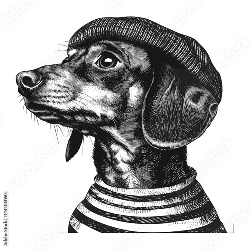 French dachshund in striped T-shirt, beret, vintage engraving, emblem logo, retro art, black sketch, trendy vintage illustration, classic fashion, retro design, nostalgic illustration.