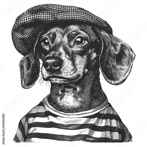 Vintage French dachshund with striped T-shirt, beret, trendy black sketch, old engraving, retro emblem logo, classic fashion, retro dachshund artwork, vintage-style fashion illustration.
