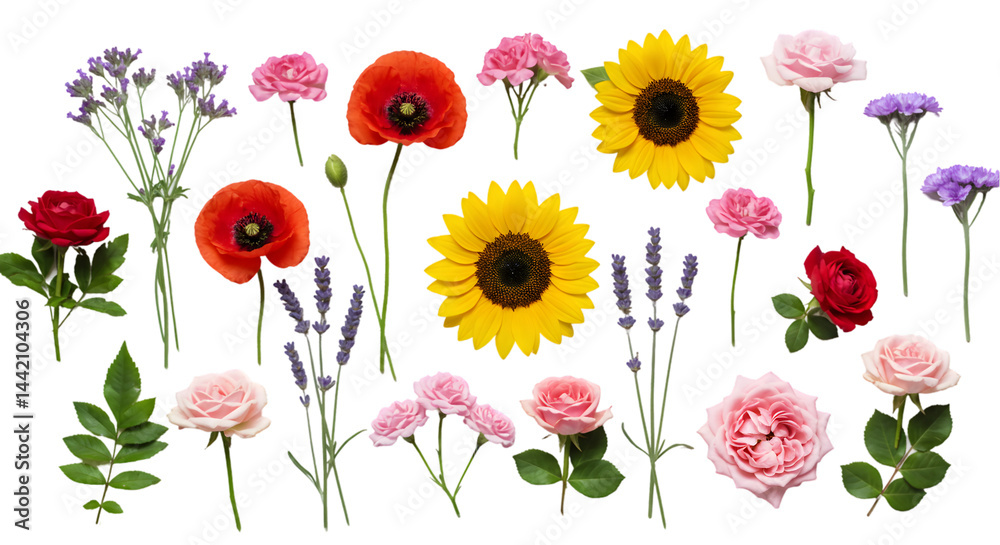 Fototapeta premium Vibrant Collection of Summer Flowers on White Background on transparent background